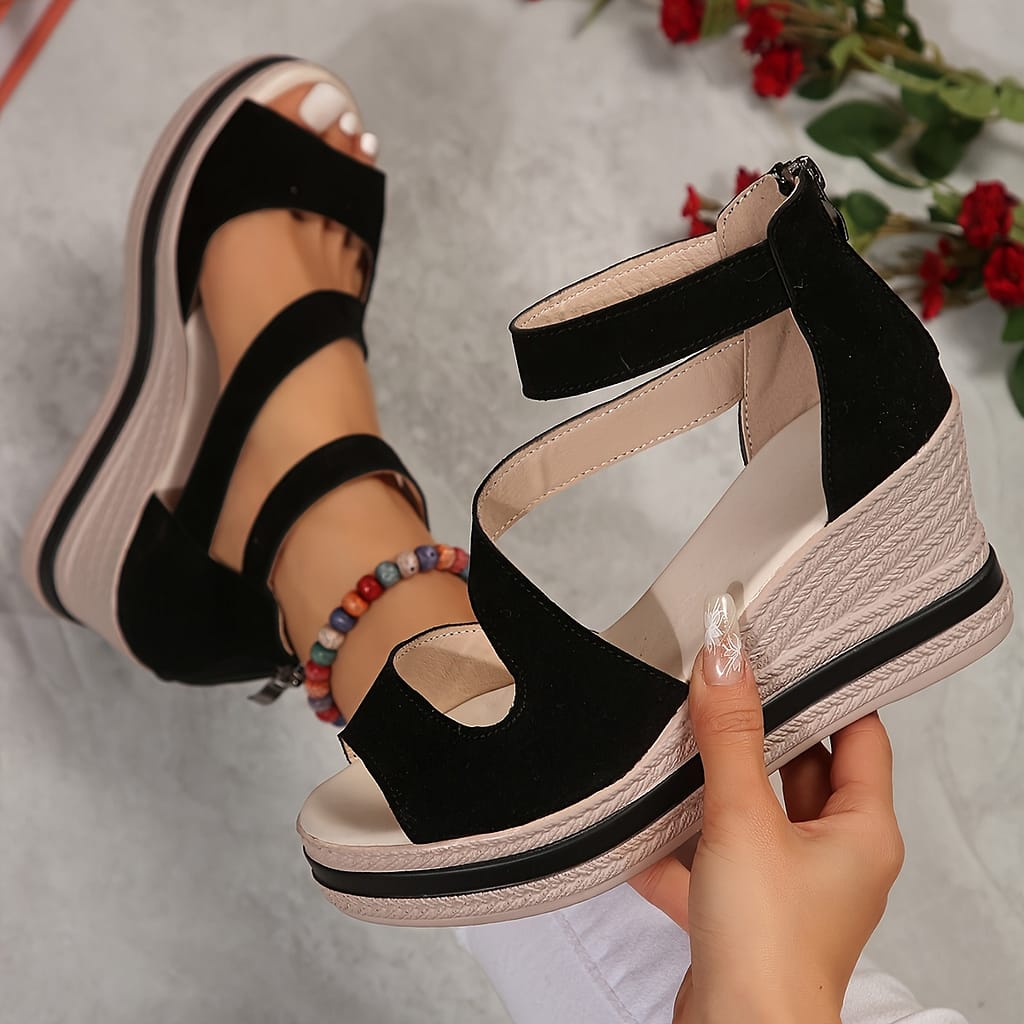 Women’s Platform Solid Color Sandals, Back Zipper Slip On Hollow Out Vacation Shoes, Clothing, Shoes & Jewelry Shop Online at Dubai Trades 2