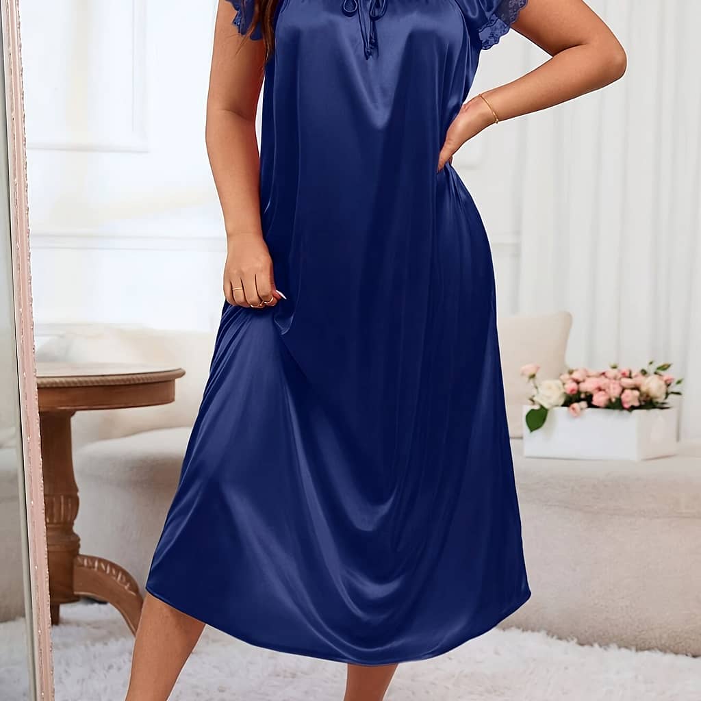 Women’s Plus Elegant Lounge Dress, Plus Size Satin Contrast Lace Puff Sleeve Bow Tie Round Neck Nightdress Clothing, Shoes & Jewelry Shop Online at Dubai Trades 2