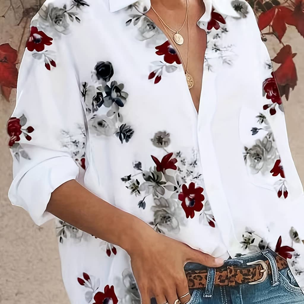 Women’s Plus Size Floral Print Long Sleeve Button-up Shirt – Casual Polyester Blouse With Turn- Collar, Machine Washable, With Black And Red Floral Patterns Clothing Shop Online at Dubai Trades 2