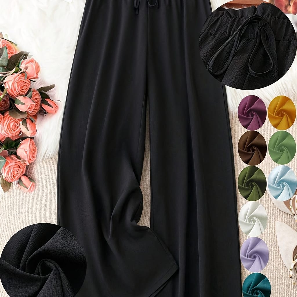 Women’s Plus Size Green Wide-leg Pants – Non-stretch Woven Fabric, Straight Leg, Spring/summer Fashion, Casual Wear, Casual Wear|wide Leg Pants|nonstretch Fabric Clothing Shop Online at Dubai Trades 2