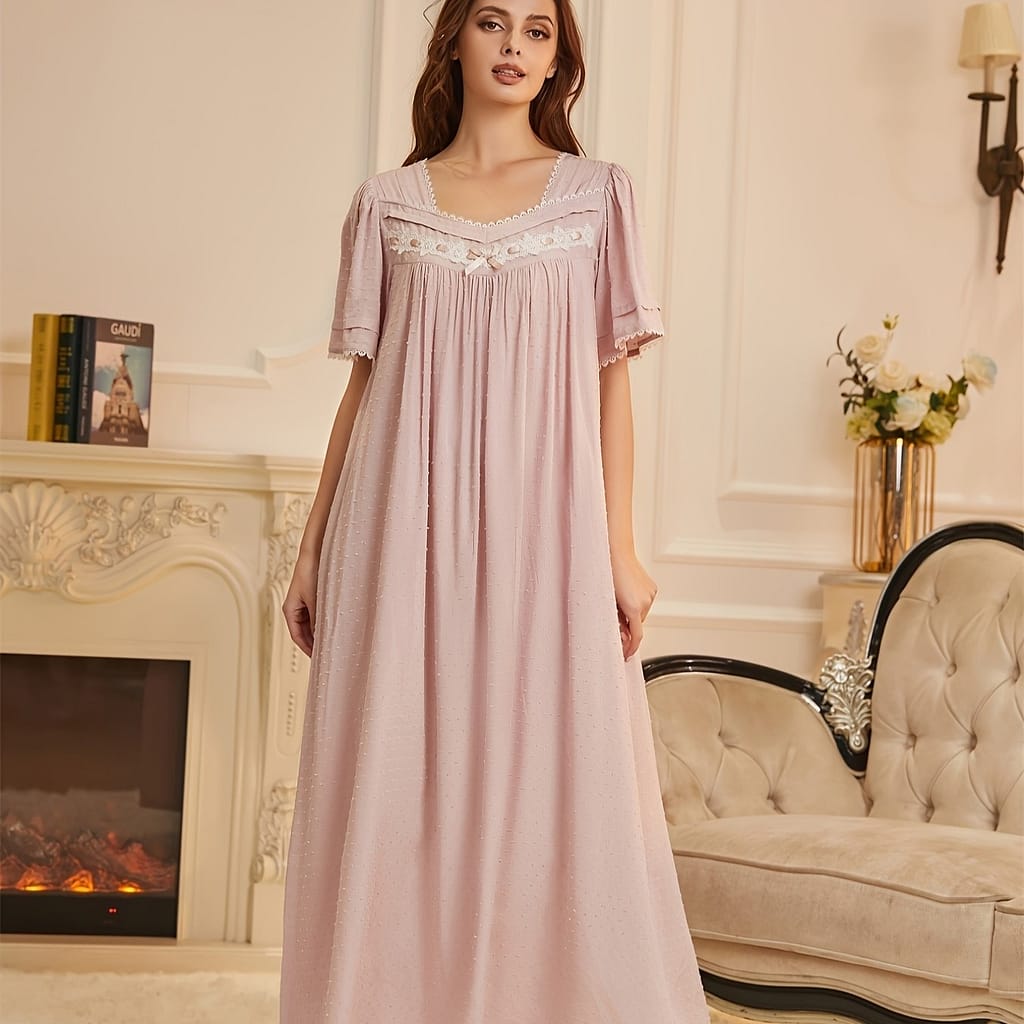 Women’s Retro Trim Sleepwear Dress, Sleeve Square Neck Loose Fit Maxi Dress, Comfortable Nightgown Clothing Shop Online at Dubai Trades 2