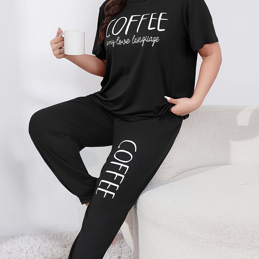 Women’s Set, Plus Size Slogan Graphic Short Sleeve Round Neck Top & Joggers Sleepwear 2 Piece Set Clothing, Shoes & Jewelry Shop Online at Dubai Trades 2