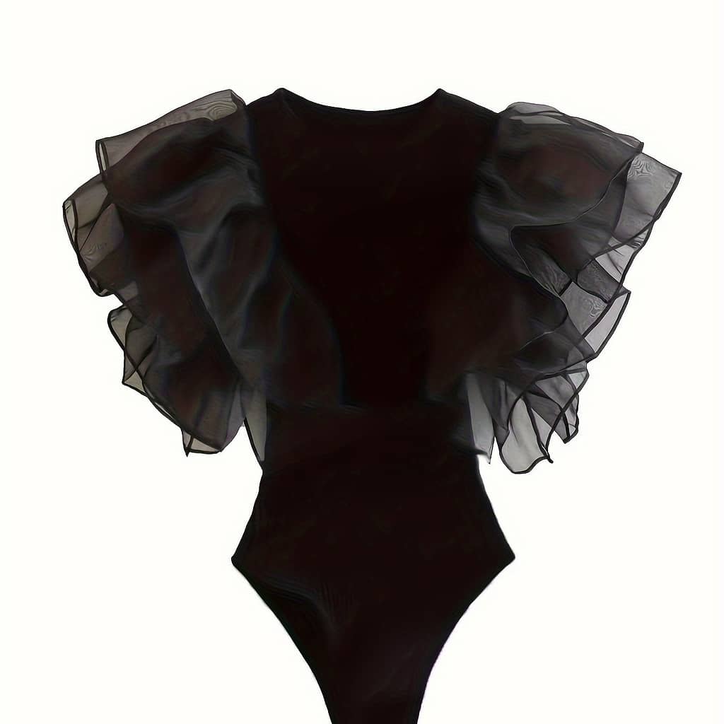 Women’s Sexy Solid Color Sleeve Bodysuit With Contrast Mesh Detailing And Draped Shoulder Design – Slim Fit, Crew Neck, Short Sleeve, No Belt, Wear Bodysuits Shop Online at Dubai Trades 2