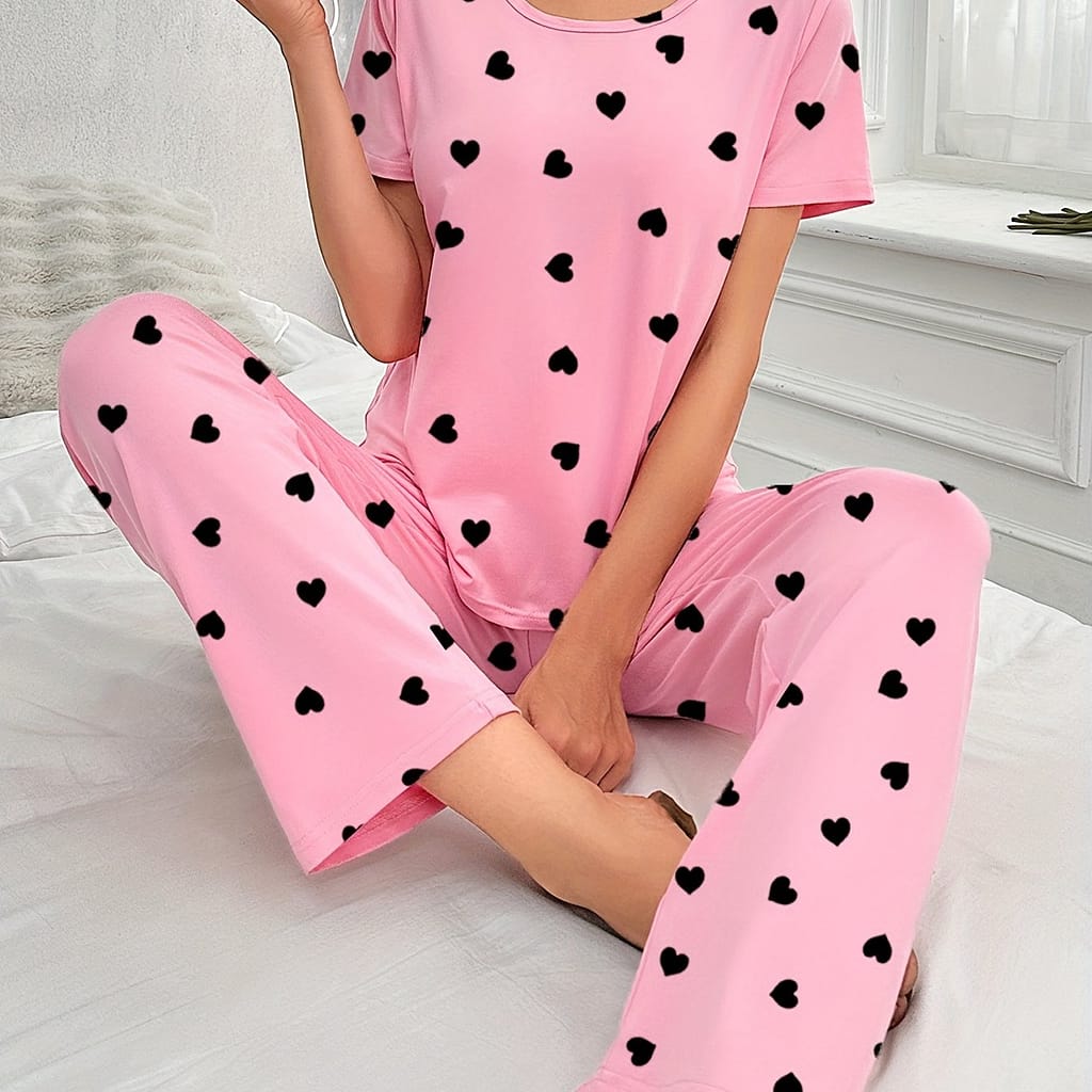 Women’s Short Sleeve T-shirt & Long Pants Pajama Set, Love Heart Print, Lounge Sleepwear, Casual Clothing Shop Online at Dubai Trades 2