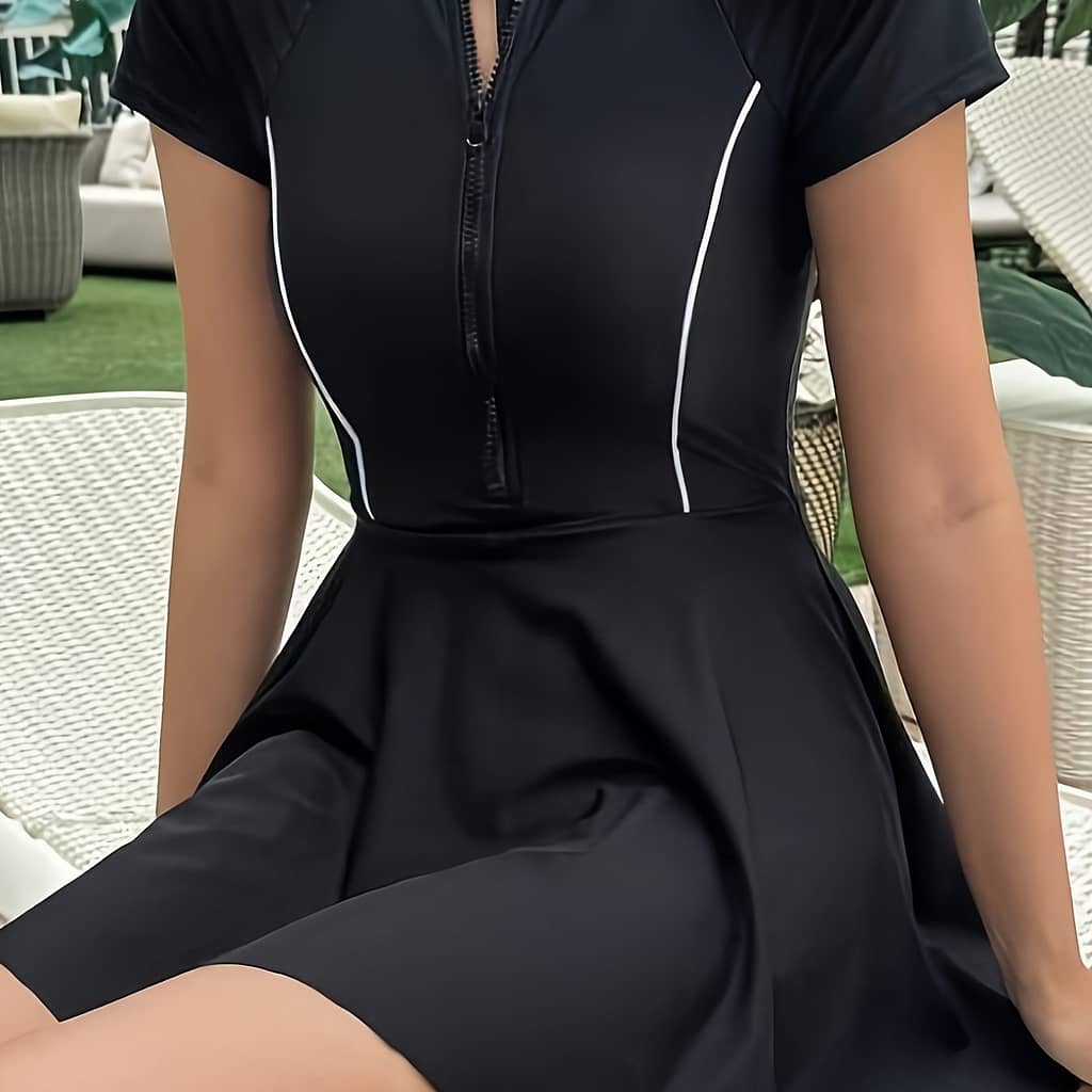 Women’s Sporty -piece Swimsuit With Zipper Detail – High Stretch Nylon/elastane , Short Sleeves, Round Neck – , Non-transparent Fabric For Competitive Swimming Competitive Swimwear Shop Online at Dubai Trades 2