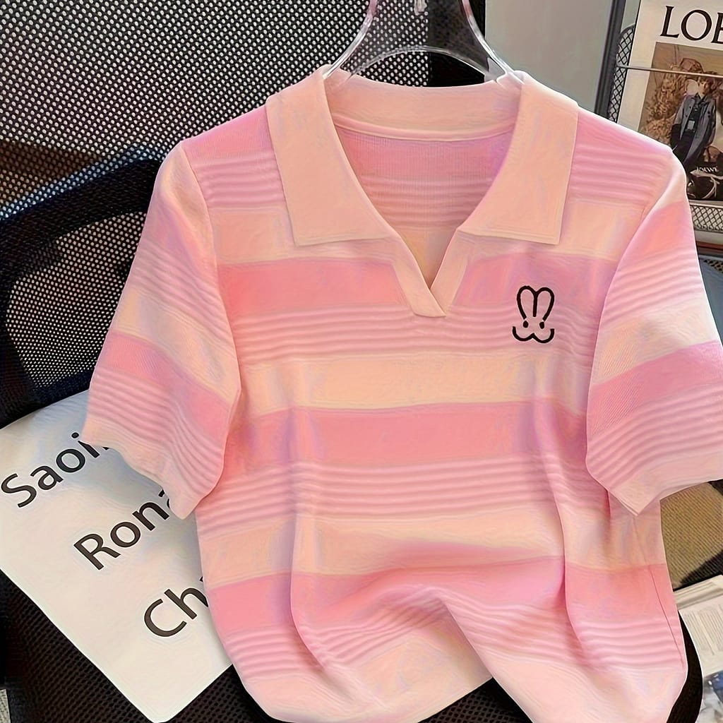 Women’s Striped Knit Shirt With Embroidered Rabbit Design – Short Sleeve, Vertical Stripes, Elegant Summer Top, Machine Washable Clothing Shop Online at Dubai Trades 2