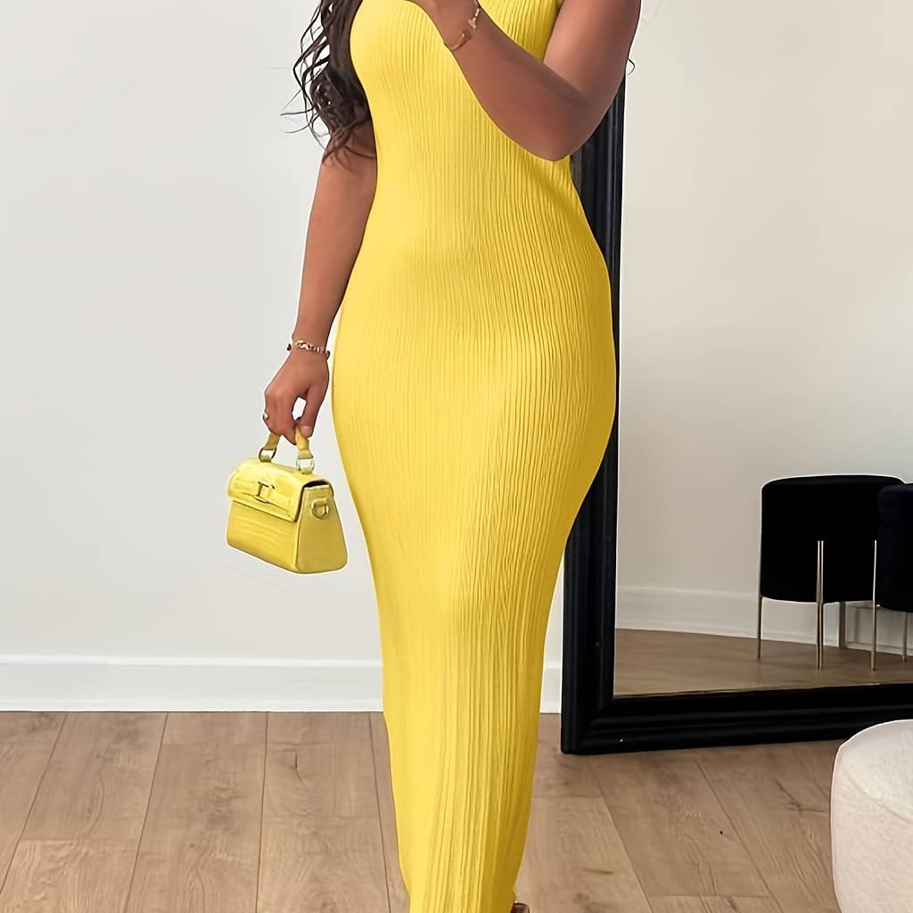 Women’s Summer 2023 Fashion Casual Knit Sleeveless Crew Neck Bodycon Pencil Dress, Polyester 95% Spandex 5%, Solid Color Long Length Clothing Shop Online at Dubai Trades 2