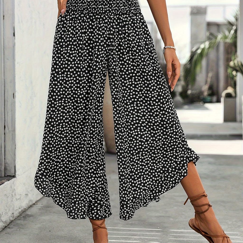 Women’s Summer Black Floral Wide-leg Pants With Ruffle Hem – Loose Fit, Polyester, Casual & Elegant, Adult Casual Wear|floral Print Pants|polyester Fabric Clothing Shop Online at Dubai Trades 2