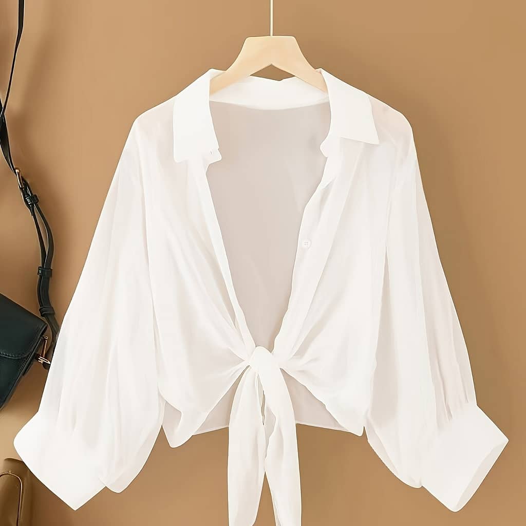 Women’s Summer Casual Polyester Shirt Jacket, Solid Color Lapel Collar, Non-stretch Woven Fabric, Lightweight Outerwear Clothing Shop Online at Dubai Trades 2