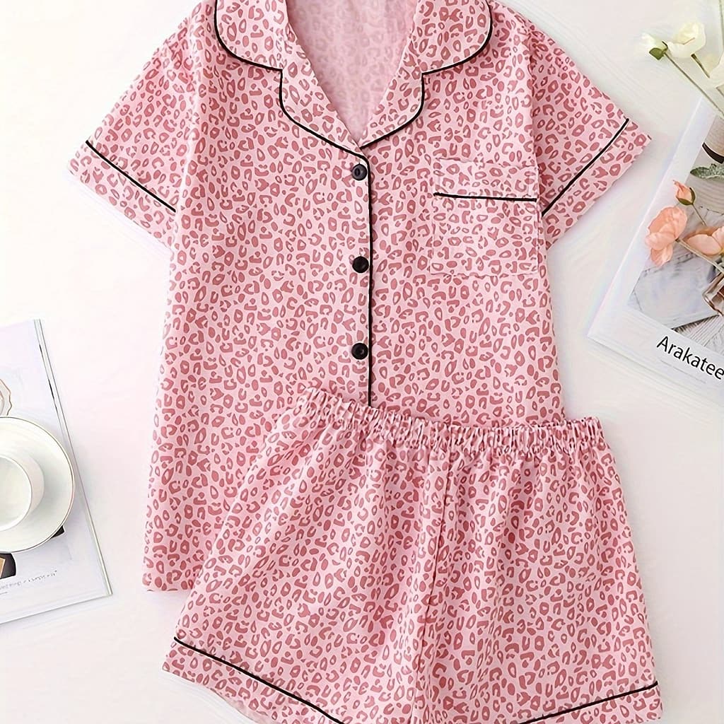 Women’s Summer Leopard Print Pajama Set – Casual Short Sleeve, Button- & Waist Shorts, Breathable Polyester Loungewear Clothing Shop Online at Dubai Trades 2