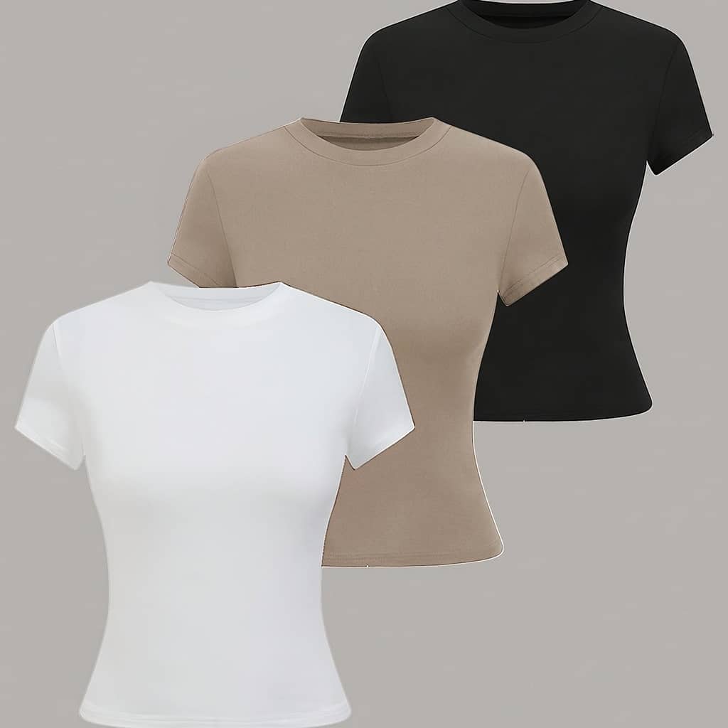 Women’s Summer Slim Fit T-shirt, Casual Crew Neck Solid Color Top, Polyester Knit Fabric, 95% Polyester 5% Elastane, 210g/m², – 284g Q204 Clothing Shop Online at Dubai Trades 2