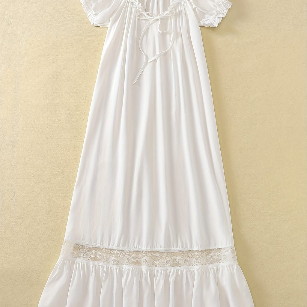 Women’s Summer V-neck Nightgown – Short Sleeve, Loose Fit, Lightweight Viscose Sleep Dress With Lace Detail, Mid-length, New Model Clothing Shop Online at Dubai Trades 2