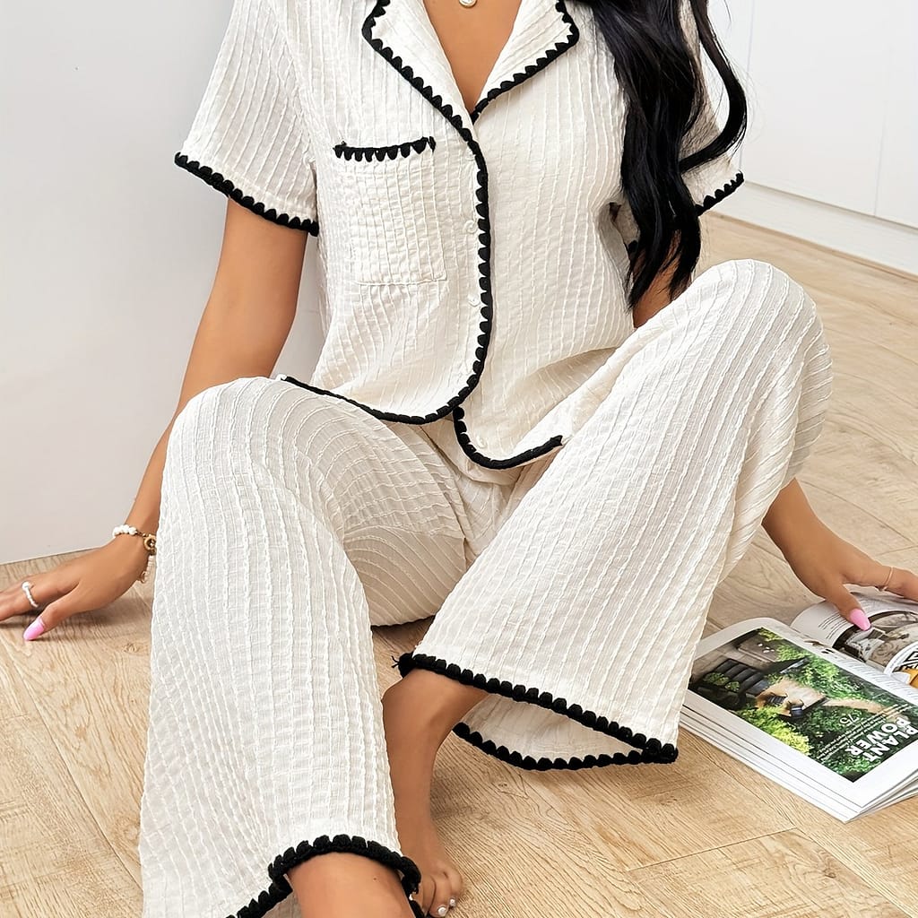 Women’s Sweet Solid Textured Binding Pajama Set, Short Sleeve Buttons Lapel Top & Pants, Comfortable Relaxed Fit, Summer Nightwear Clothing Shop Online at Dubai Trades 2