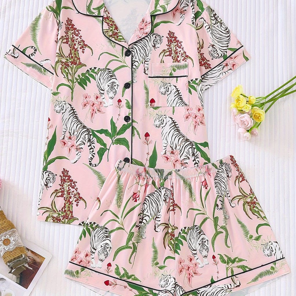 Women’s Tiger & Plant Pajama Set, Short Sleeve Buttons Lapel Top & Shorts, Comfortable Relaxed Fit Clothing Shop Online at Dubai Trades 2