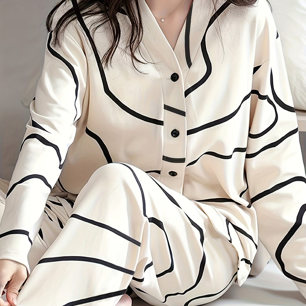 Women’s Trendy Lounge Set, Long Sleeve Top With Waist Pants, Casual Abstract Print Sleepwear Set For Fall/ Winter Clothing Shop Online at Dubai Trades 2