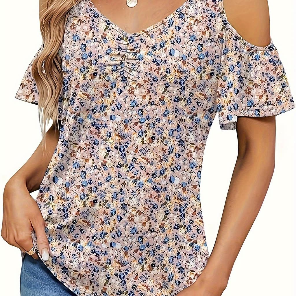 Women’s V-neck Floral Print Sexy Off Shoulder Top T-shirt, Summer Clothing Shop Online at Dubai Trades 2