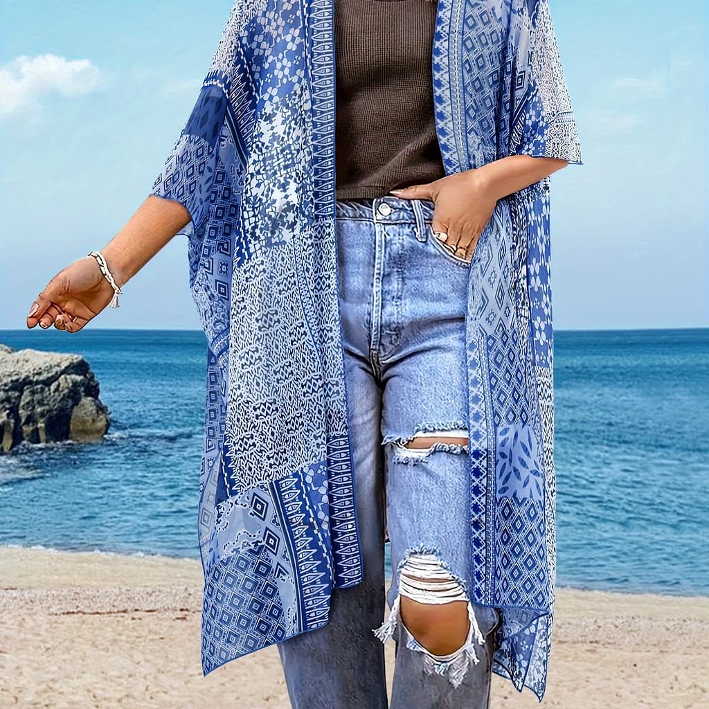 Women’s Vibrant Paisley Print Beach Cover-up Dress – V-neck, Short Sleeve, Lightweight & Breathable Polyester-spandex Blend, Spring/summer Vacations Clothing Shop Online at Dubai Trades 2