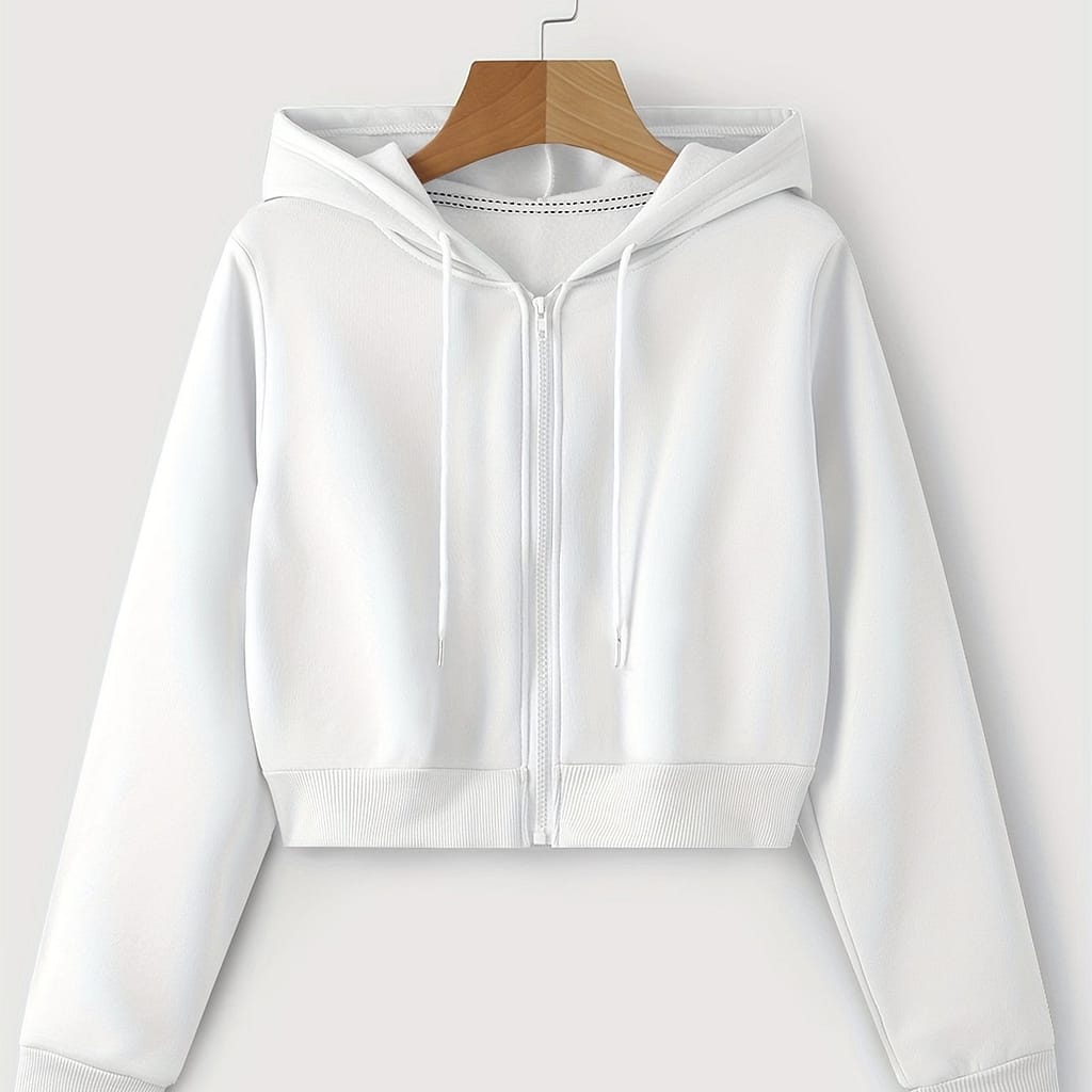 Zip Up Cropped Drawstring Hoodie, Casual Long Sleeve Sweatshirt For Spring & Fall, Women’s Clothing Clothing Shop Online at Dubai Trades 2
