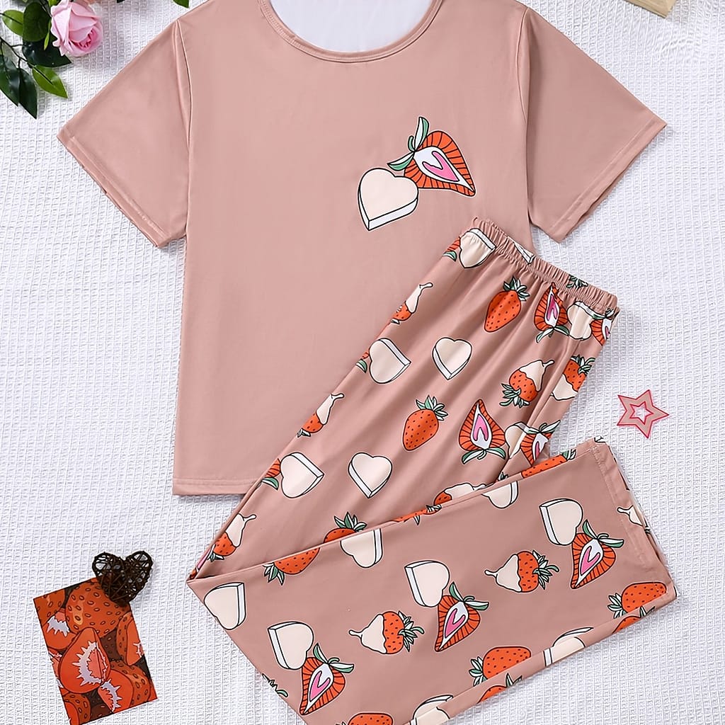 [casual ] Women’s Cute Strawberry Cake Pajama Set – Short Sleeve Top & Matching Shorts, Polyester, Machine Washable, , Strawberry Pajamas Clothing Shop Online at Dubai Trades 2