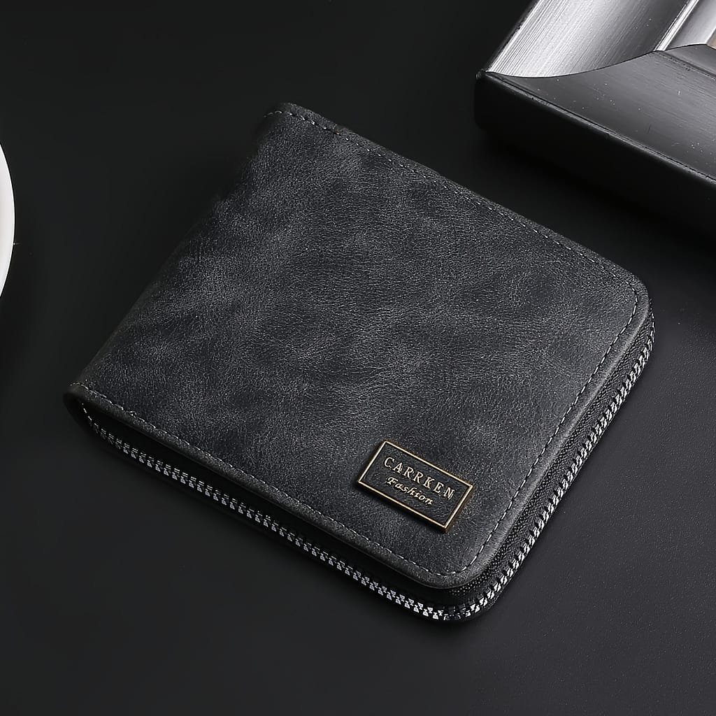 [elegant Style] Carrken Compact Men’s Leather Wallet With Zipper – Sleek Black, Multi-card Holder & Coin Pocket, Folding Design – Ideal Gift For Men, Carrken Accessories Shop Online at Dubai Trades 2