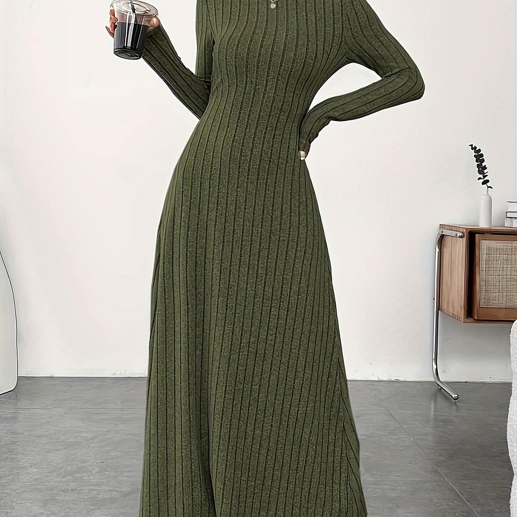 [minimalist Chic] Women’s Rib-knit Turtleneck Dress, Polyester , Solid Color, Long Sleeve, A-line Knit Fabric, For Spring/summer Clothing Shop Online at Dubai Trades 2