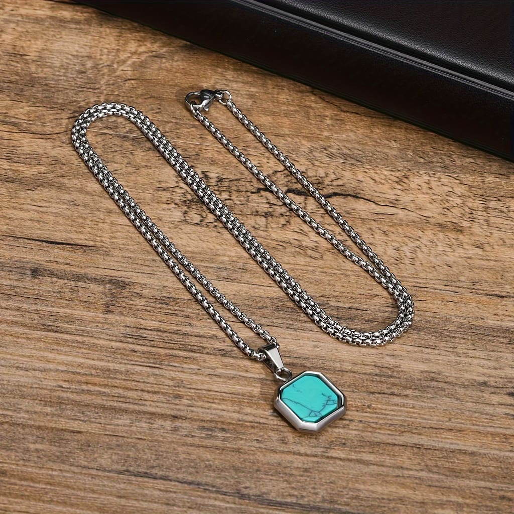 ‘s Day Gift – Men’s Fashionable Turquoise Pendant Necklace | Natural Stone In Stainless Steel | Elegant Square Design | & Simple Accessory Clothing, Shoes & Jewelry Shop Online at Dubai Trades 2