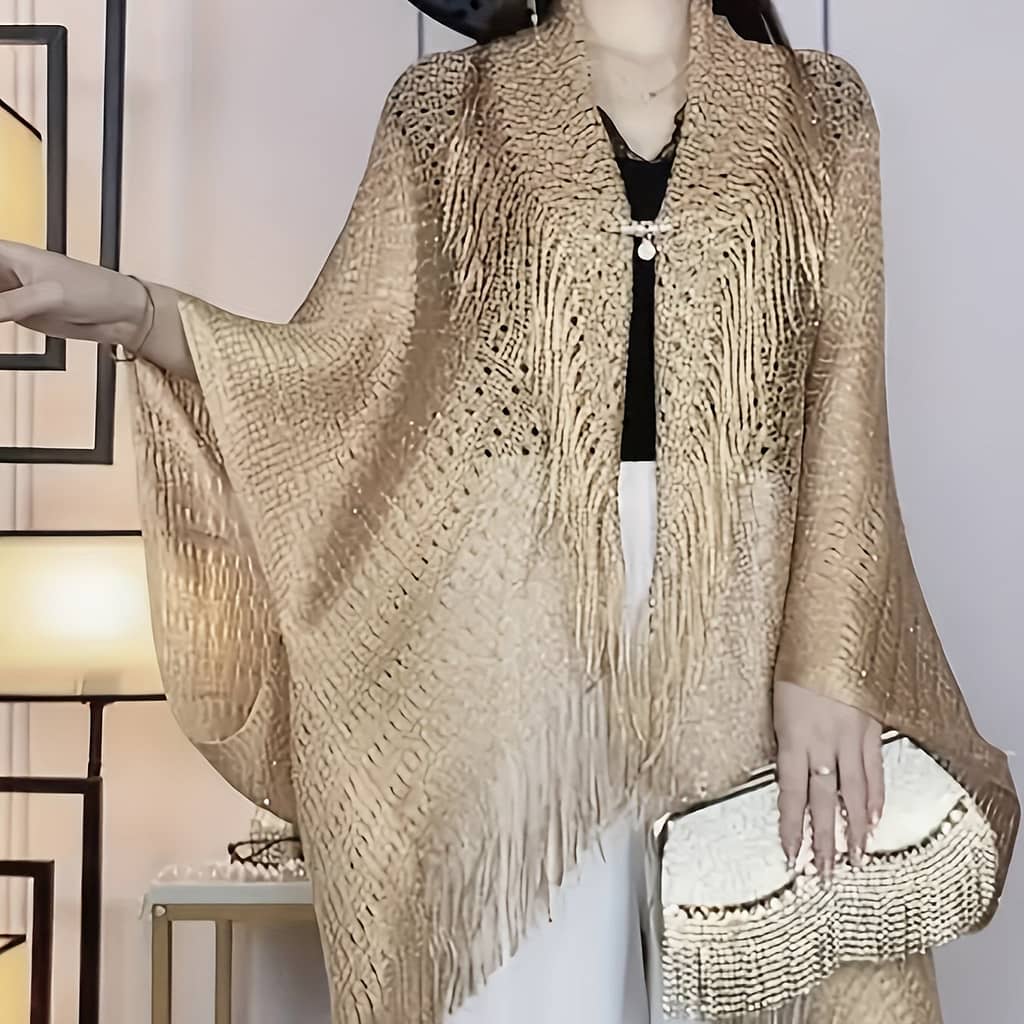 -size Lightweight Cardigan With Tassel Details – Chic Hollow-out Design, Sun Protection Shawl For Evening Wear, Polyester, Hand Or Only, Plus Size Cardigan Clothing Shop Online at Dubai Trades 2