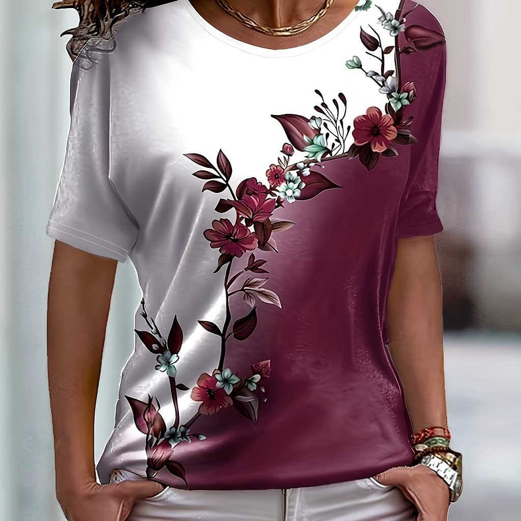 [vibrant Casualwear] Stylish Women’s Gradient Floral Print T-shirt – Casual Round Neck, Medium Stretch Fabric, Short Sleeve Top In White & Purple Clothing Shop Online at Dubai Trades 2