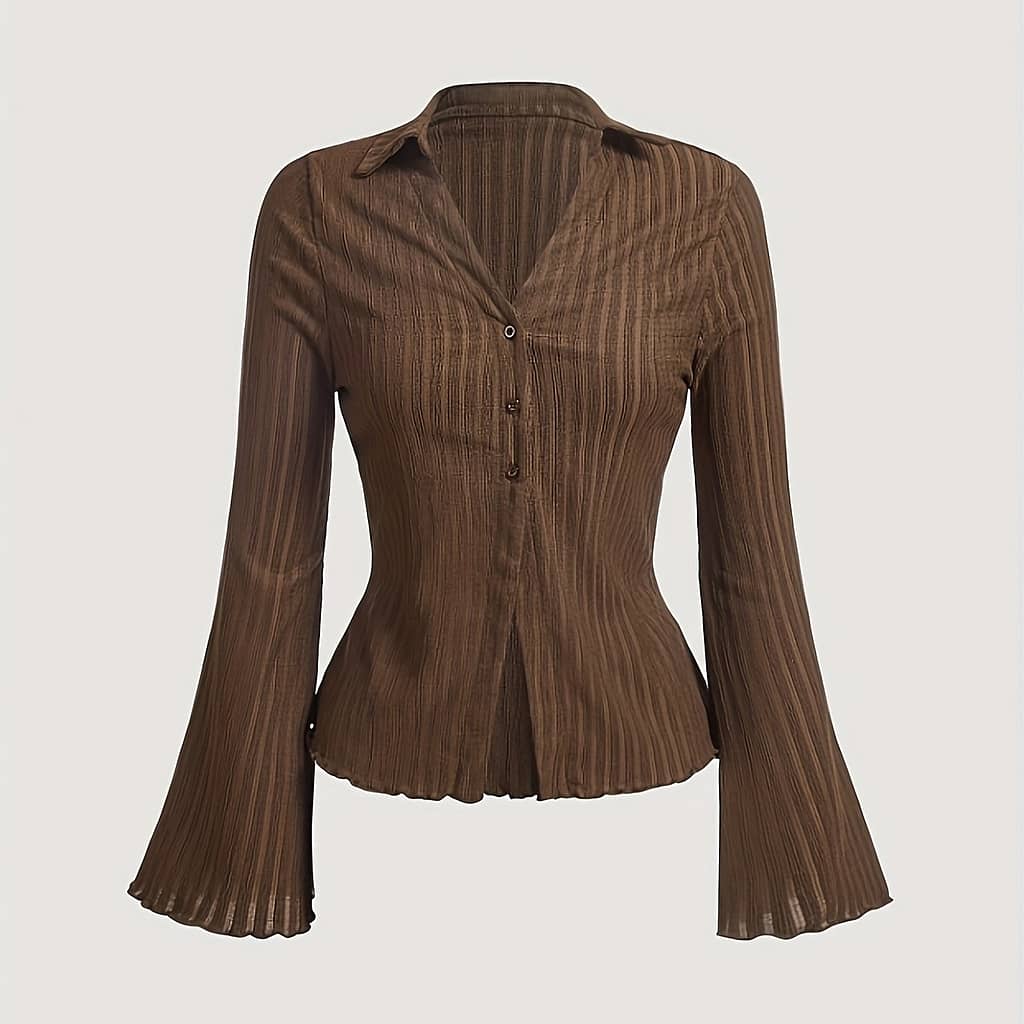 [vintageinspired Blouse] Chic Brown Ribbed Bell Sleeve Blouse With Button- – Y2k Inspired, Polyester, Machine Washable – Elegant V-neck For Women Clothing Shop Online at Dubai Trades 2