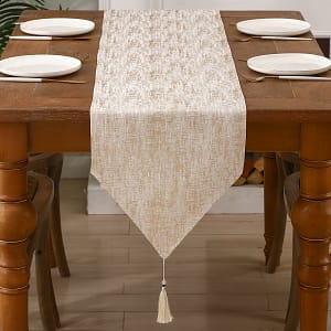 1 Elegant Polyester Table Runner With Golden Floral Stripe Jacquard And Tassel Detail – Dining Decor, Machine-woven, Kitchen Table Decor, Tablecover Decor Home & Kitchen Shop Online at Dubai Trades