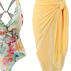 1 Set Tropical Print V-neck One-piece Swimsuit With Sheer Sarong For Women – Polyester 82%, Elastane 18% – Medium Stretch Knit Fabric – Detail – All Season Beachwear Clothing Shop Online at Dubai Trades