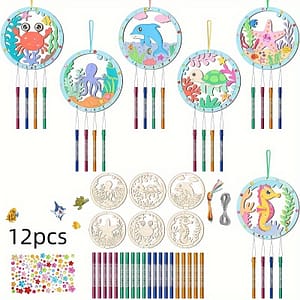12-piece Diy Ocean Themed Wooden Wind Chime Set With Paintable Decorative Charms, Round Sea Creatures Design, Handcrafted Home & Garden Party Favor, No Battery Required Chimes Shop Online at Dubai Trades