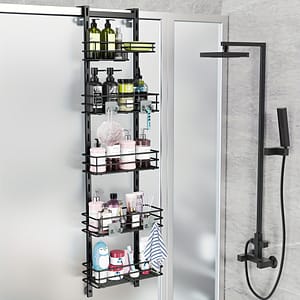 1pc Black Adjustable 5-tier Door Shower Tray, Bathroom Hanging Storage Rack, Rust-proof With 4 Hooks, Shower Basket With Soap Holder And Suction Cup Bath Shop Online at Dubai Trades