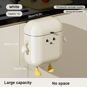 1pc Cute Cartoon Hanging Trash Can With Lid, Large Capacity, No-drill Wall Mounted Waste Bin For Kitchen & Bathroom, White Plastic, Includes Hooks, Space Saving Home & Kitchen Shop Online at Dubai Trades
