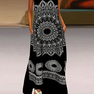 1pc Elegant Sleeveless V-neck Printed Maxi Dress With Pockets, Polyester A-line Dress For Women, Fashion, 220g Lightweight Fabric, 110g/m² Weave Clothing Shop Online at Dubai Trades