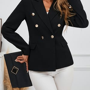 1pc Elegant Women’ Color Blazer – Polyester Double-breasted H-line Jacket With Regular Sleeves For Spring/autumn Clothing Shop Online at Dubai Trades