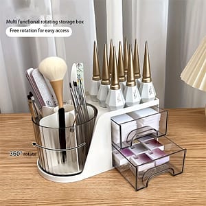 1pc Multi-functional Rotating Makeup Organizer – 5-compartment Nail Art Tool Storage Box, Transparent & Golden Accents, Easy Design, Odorless – Brushes, Cosmetics & More Acrylic Nail Tools Shop Online at Dubai Trades