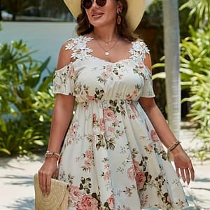 1pc Plus Size Floral Print Dress With Off-shoulder Lace Detail, , Polyester, Non-stretch, , A-line Waist Dress Clothing Shop Online at Dubai Trades