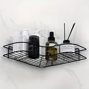 1pc Sleek Black Stainless Steel Corner Shelf – Space-saving, No-drill Wall-mounted Storage Rack With 2 Tiers For Shampoo, Skincare Products & More – Organizing Bathroom Hardware Shop Online at Dubai Trades