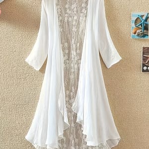 1pc, Women’s Cardigan, Mid-length Lace Stitching, Long Sleeves V Neck Up Shirt, Beach Vacation Clothing Shop Online at Dubai Trades