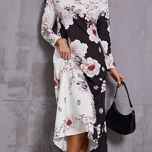 1pc Women’s Floral Print Long Sleeve Dress With Pockets, Polyester 100 Neck Fit And Flare Dress For Fall/winter – Woven No Padding Adult Dress Clothing Shop Online at Dubai Trades