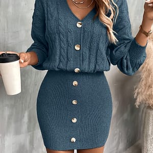 1pc Women’s Sexy V-neck Knit Dress, Polyester 100% Solid Color Midi Bodycon With Button Detail, Loose Fit Fall/winter Knitted Dress Clothing Shop Online at Dubai Trades
