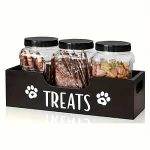 1pc Wooden Pet Treat Holder With 3 Airtight Plastic Jars – Uncharged Container For Food Storage – Wood Material Farmhouse Style Organizer For Pet Treats Dogs Shop Online at Dubai Trades