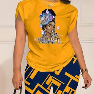 1set Women’s Casual Polyester Knit Fabric Crew Neck T-shirt And Shorts Set With Print, Drop Shoulder Sleeves, Geometric Pattern, Outfit Clothing Shop Online at Dubai Trades