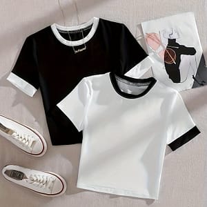 2 Pack Contrast Trim Color Block T-shirts, Casual Short Sleeve Crew Neck Fitted Tops, Women’s Clothing Clothing Shop Online at Dubai Trades