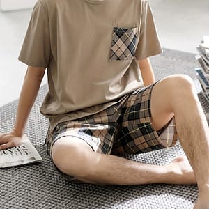 2 Pcs Men’s High – End Plaid Pocket Round Neck Short Sleeve & Plaid Shorts Pajama Set, Comfortable & Skin-friendly Style Pajamas For Men’s Cozy Loungewear Clothing Shop Online at Dubai Trades
