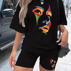 2 Pieces Girl’s Face Print Sports Set, Short Sleeve T-shirts & Shorts, Women’s Summer Clothing Active Shop Online at Dubai Trades