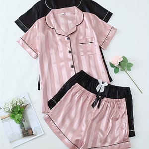 2 Sets Women’s Striped Satin Casual Pajama Set, Short Sleeve Buttons Lapel Top & Shorts, Comfortable Relaxed Fit Clothing Shop Online at Dubai Trades