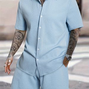 2-piece Men’ Color Summer Outfit Set, Men’s Short Sleeve Button Up Lapel Shirt Top & Drawstring Shorts With Pockets Active Shop Online at Dubai Trades