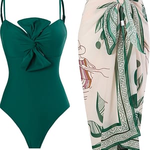 2023 New Trade Solid Color Bow Tie One-piece Women’s Swimsuit Set, European And American French Vintage Style, Tummy Control And Slimming Swimwear. Clothing Shop Online at Dubai Trades